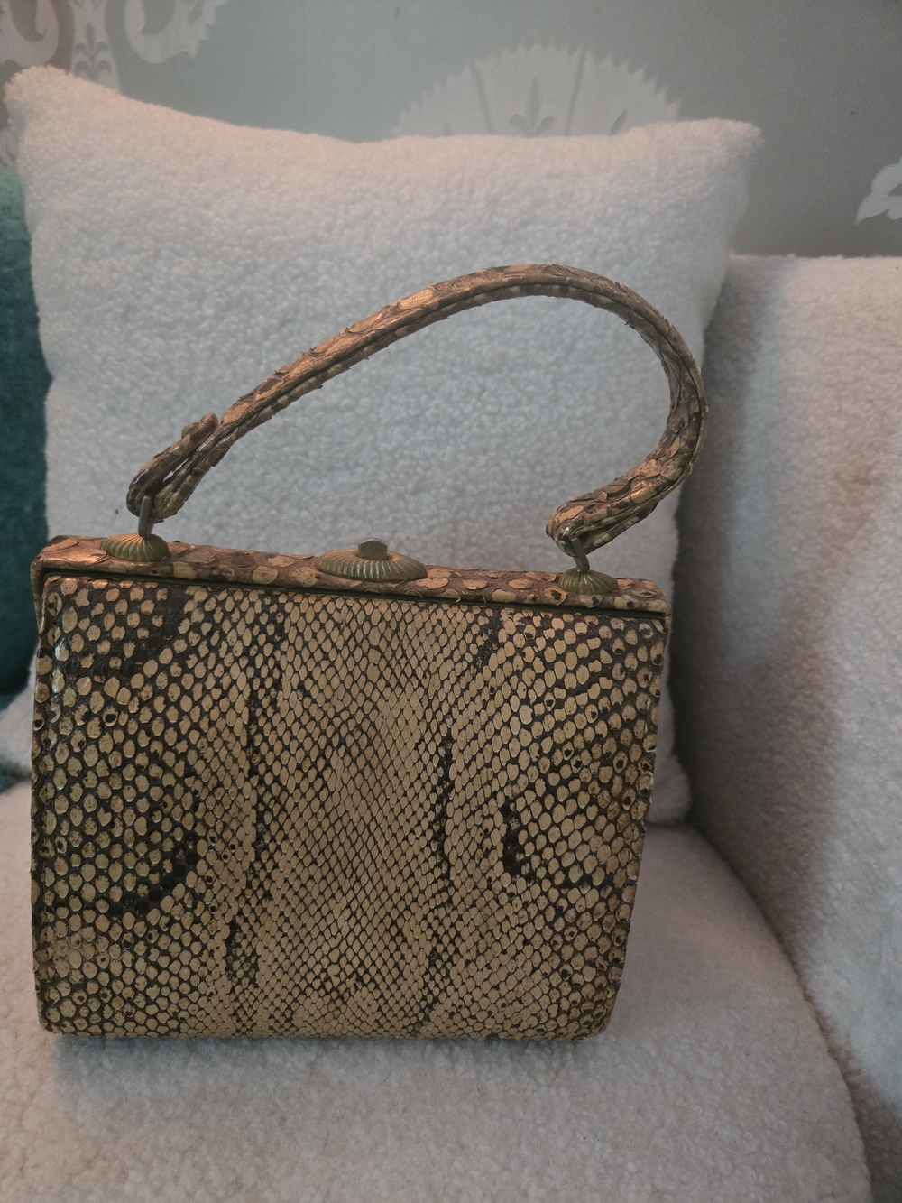 Luxurious Snake/Python Skin Top-Handle Bag in Olive Brown Vintage 1960's. - Picture 3 of 11